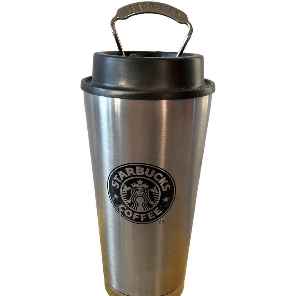 Rare C  2010 Starbucks Stainless Steel travel mug metal handle attached to lid..